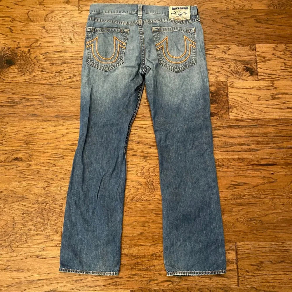 True Religion Straight Leg Jeans Mens 36 Blue Orange Stitching Made in USA